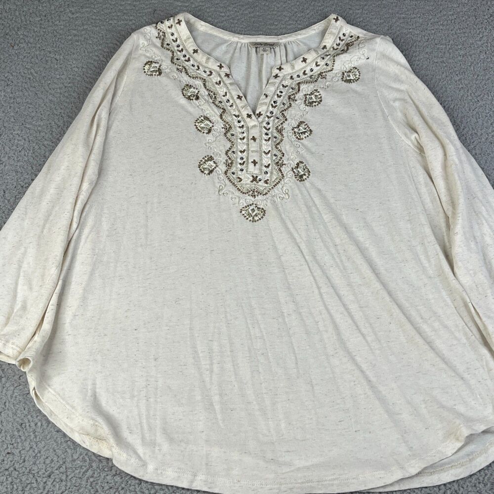 Lucky Brand Top Womens XL Ivory Gold Silver Beaded Linen Blend Embroidered Tunic